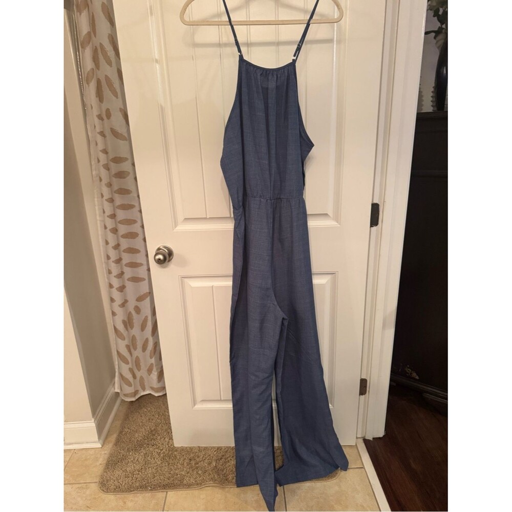 Sleeveless Blue Wide-Leg Jumpsuit with Drawstring Waist - Picture 2 of 3